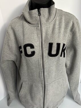 French Connection Gray Zip-Up Sweatshirt with Black Appliqué